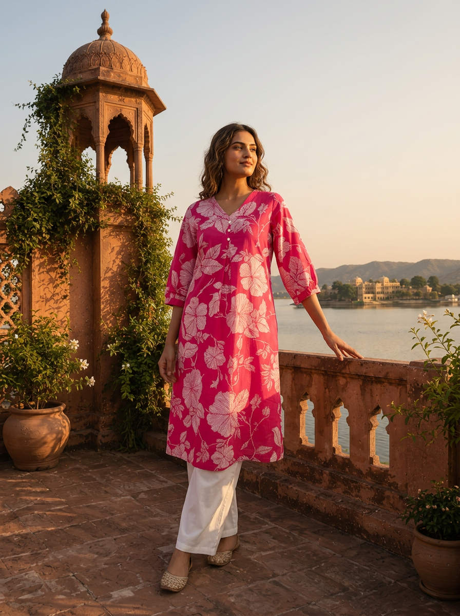 Rani Pink Cotton Hibiscus And Leaf Motifs Printed Kurta