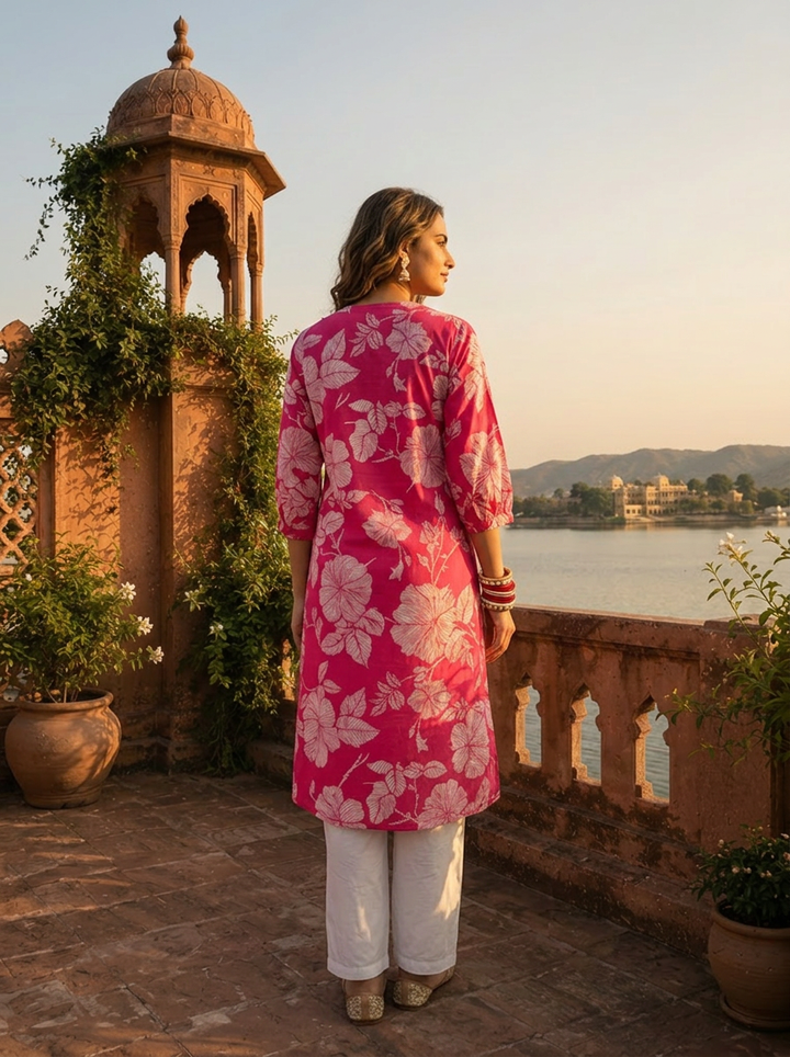 Rani Pink Cotton Hibiscus And Leaf Motifs Printed Kurta