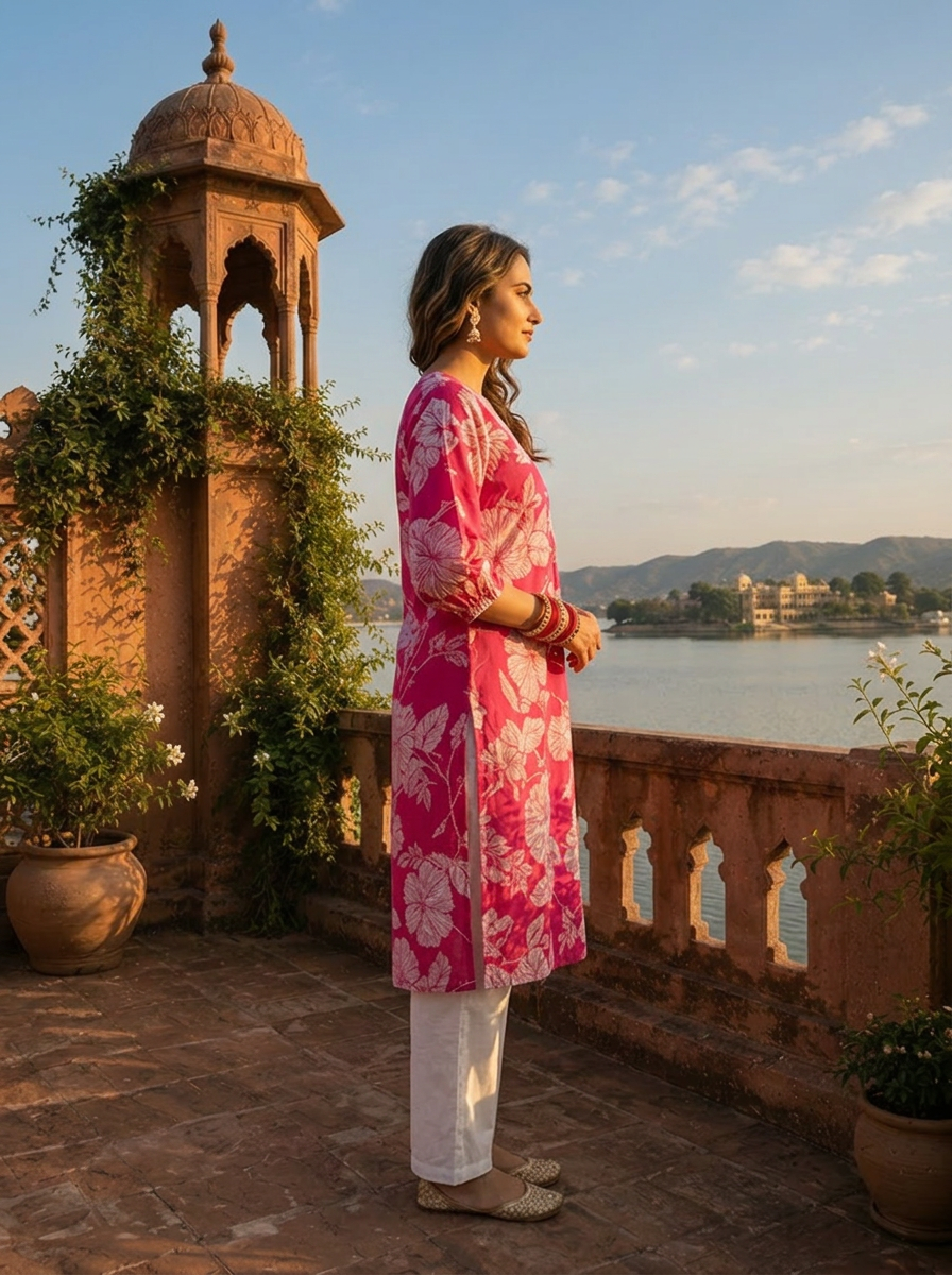 Rani Pink Cotton Hibiscus And Leaf Motifs Printed Kurta