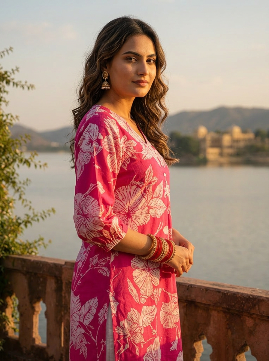 Rani Pink Cotton Hibiscus And Leaf Motifs Printed Kurta
