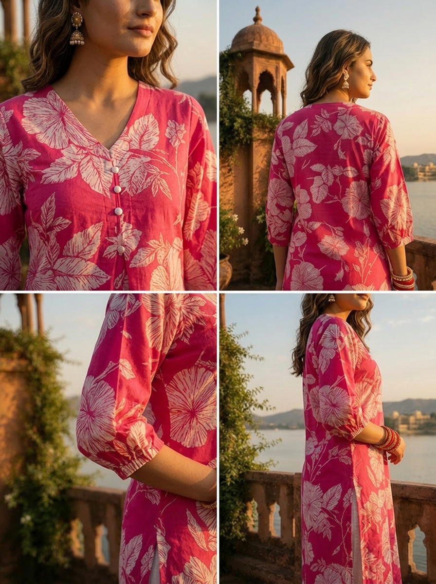 Rani Pink Cotton Hibiscus And Leaf Motifs Printed Kurta