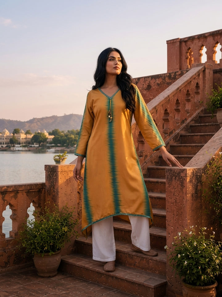 Gold Rayon Shibori Printed Kurta