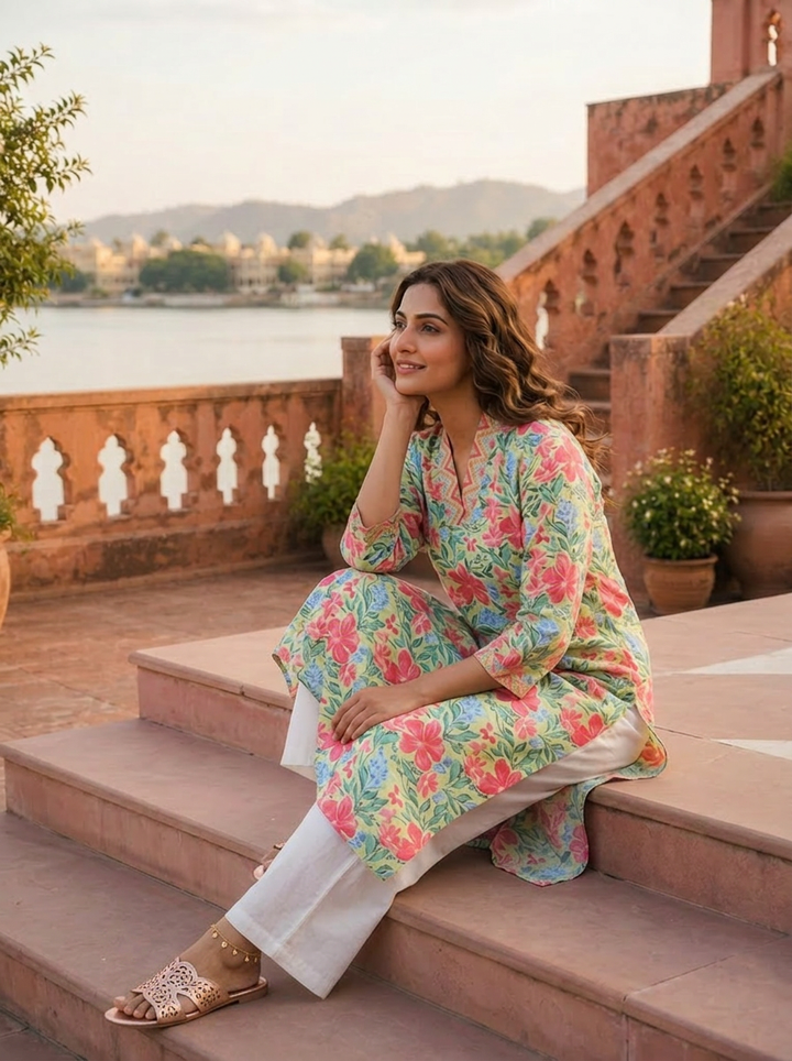 Pista Cotton Multicolor Hibiscus Printed Kurta