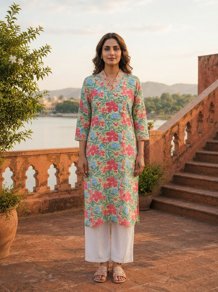 Pista Cotton Multicolor Hibiscus Printed Kurta
