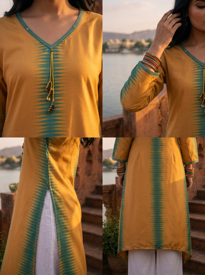 Gold Rayon Shibori Printed Kurta