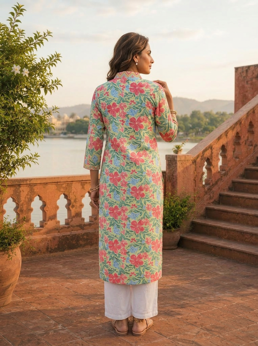 Pista Cotton Multicolor Hibiscus Printed Kurta