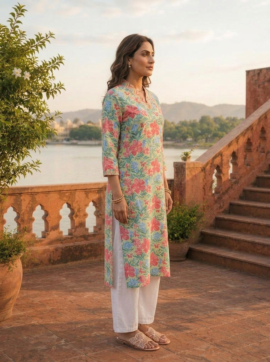 Pista Cotton Multicolor Hibiscus Printed Kurta