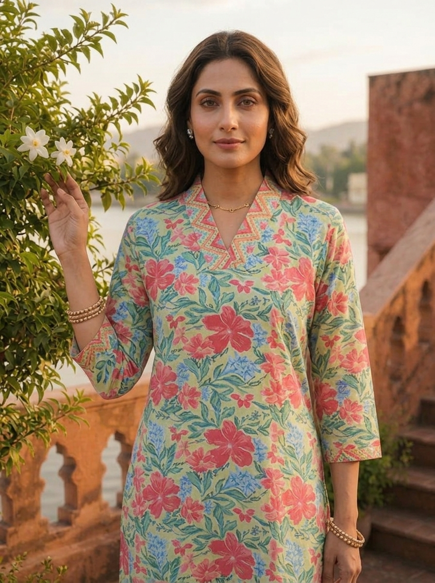 Pista Cotton Multicolor Hibiscus Printed Kurta