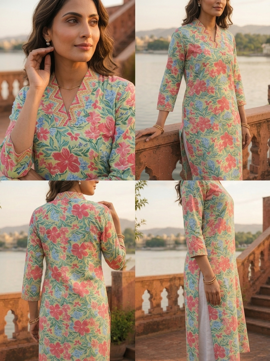 Pista Cotton Multicolor Hibiscus Printed Kurta