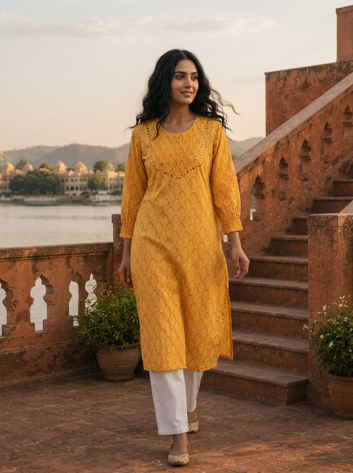 Mustard Cotton Geometric Leaf Printed Kurta
