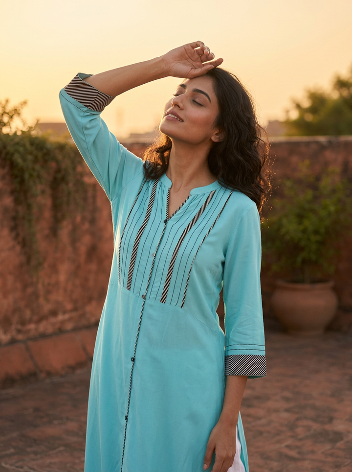 Sea Green Rayon Pintuck Striped Embroidered Kurta