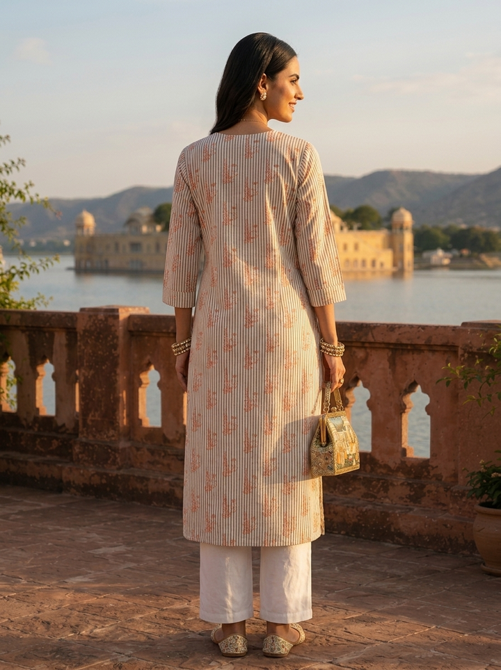 Cream Cotton Stripe And Floral Printed Kurta