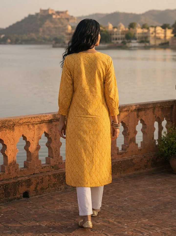 Mustard Cotton Geometric Leaf Printed Kurta