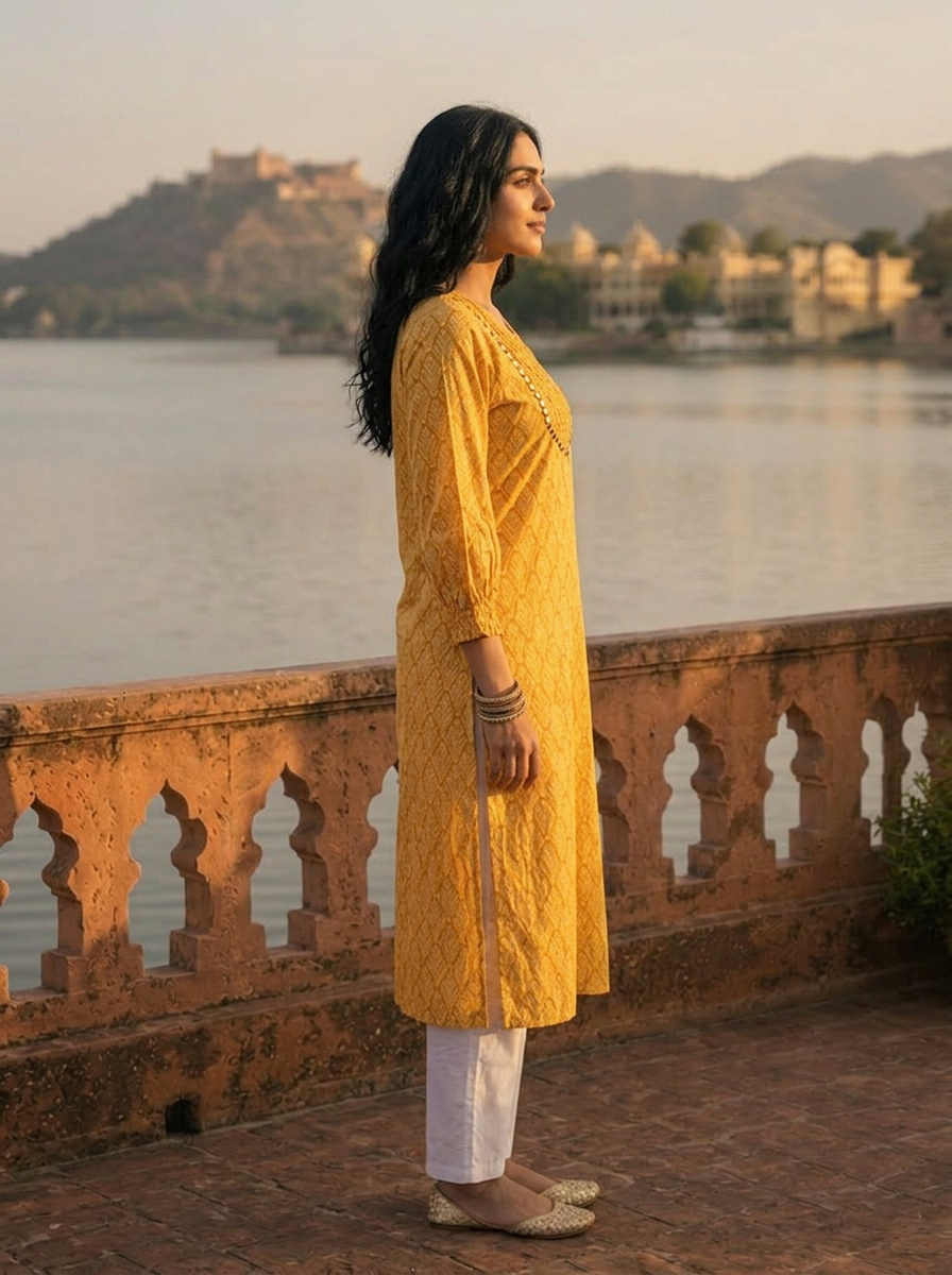 Mustard Cotton Geometric Leaf Printed Kurta