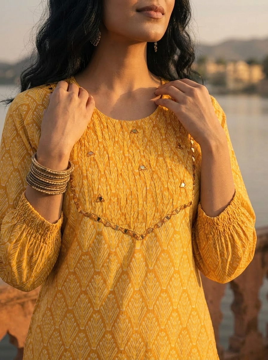 Mustard Cotton Geometric Leaf Printed Kurta