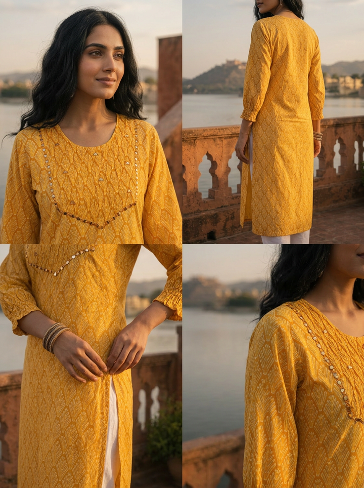 Mustard Cotton Geometric Leaf Printed Kurta