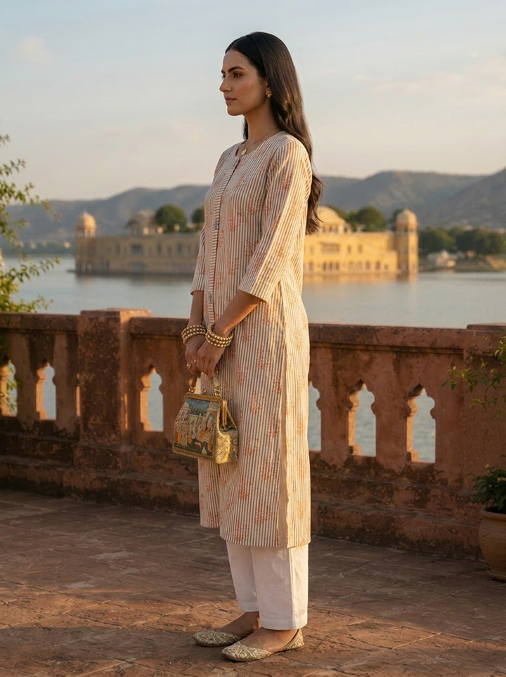 Cream Cotton Stripe And Floral Printed Kurta