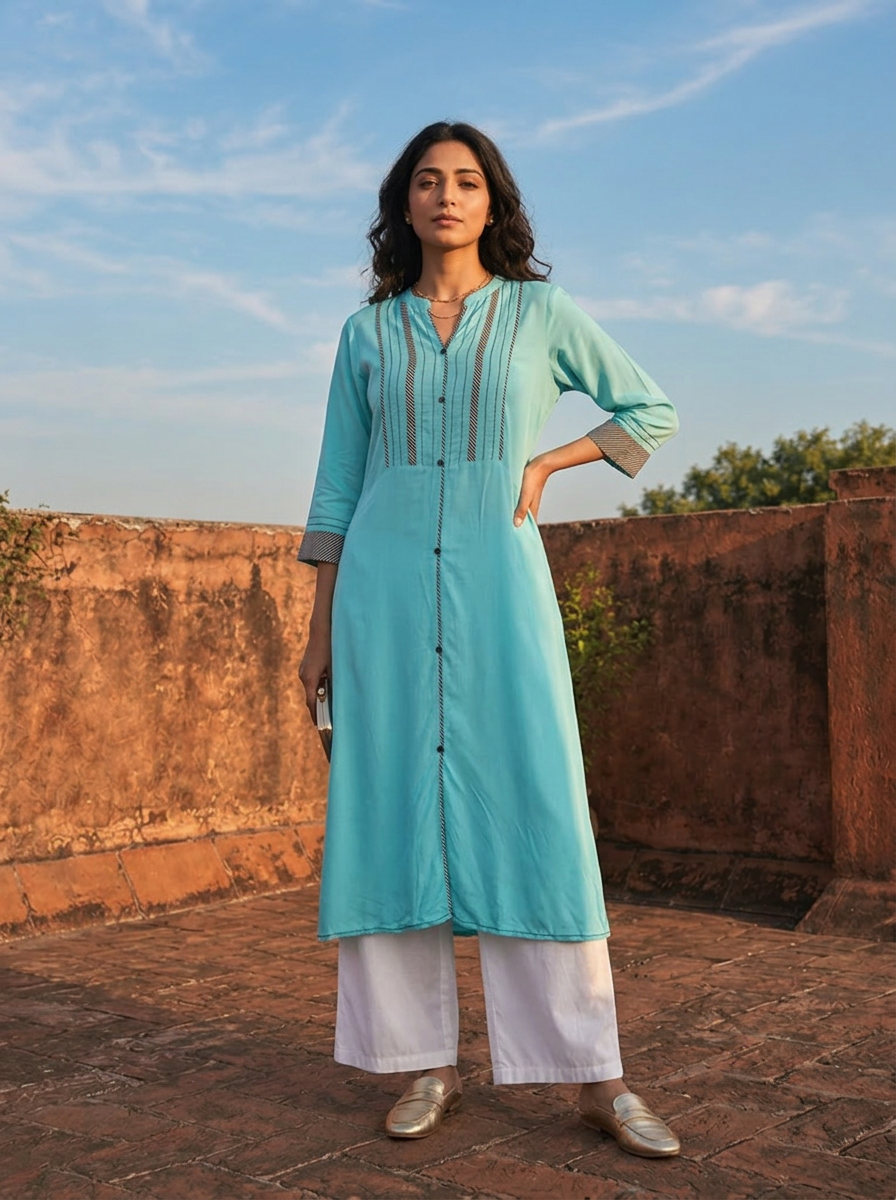 Sea Green Rayon Pintuck Striped Embroidered Kurta