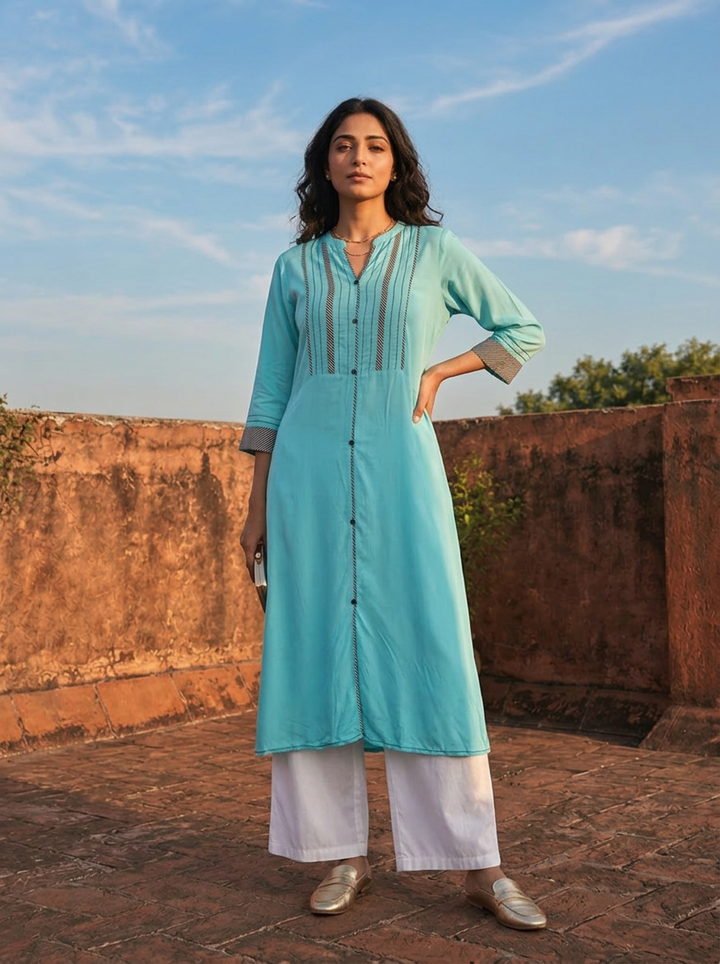 Sea Green Rayon Pintuck Striped Embroidered Kurta