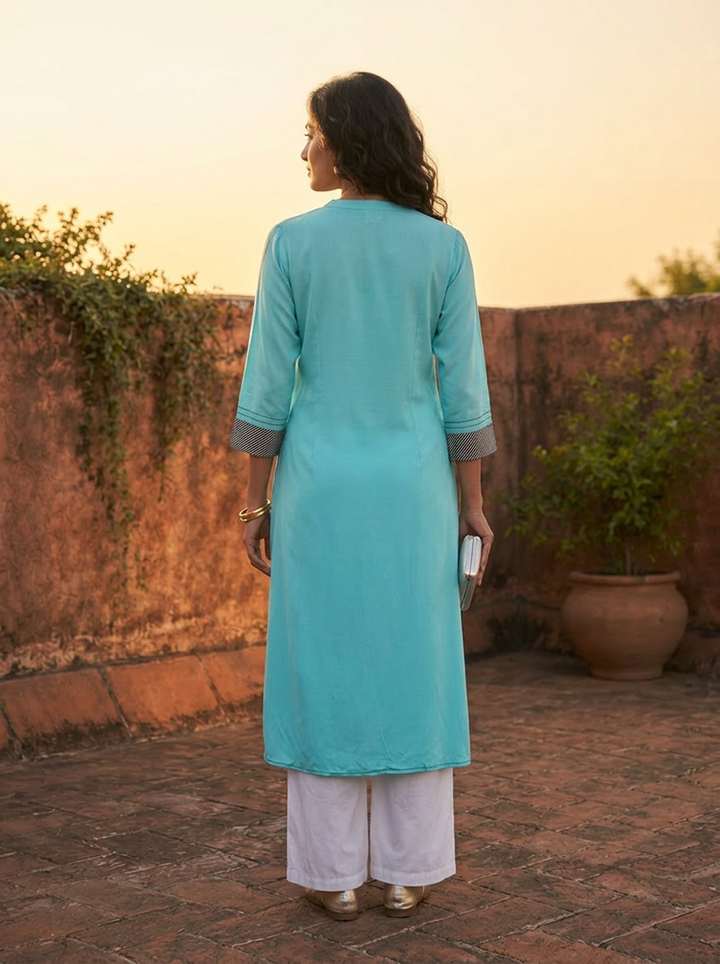 Sea Green Rayon Pintuck Striped Embroidered Kurta