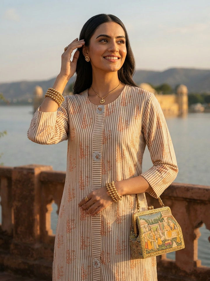 Cream Cotton Stripe And Floral Printed Kurta