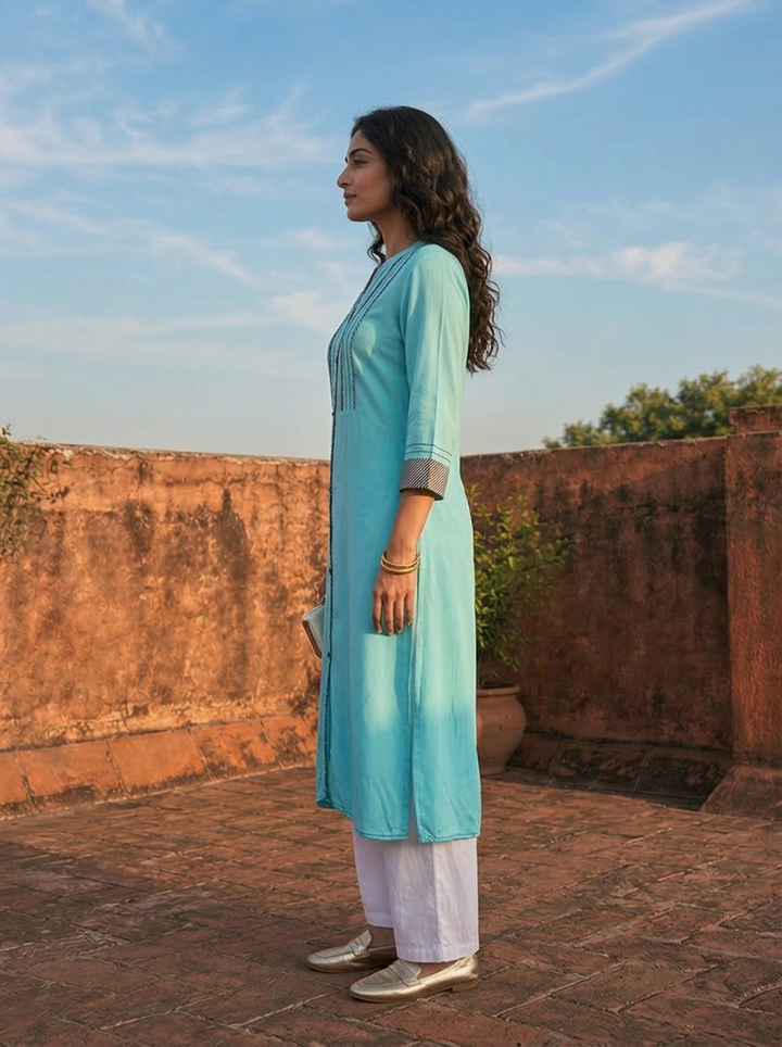 Sea Green Rayon Pintuck Striped Embroidered Kurta
