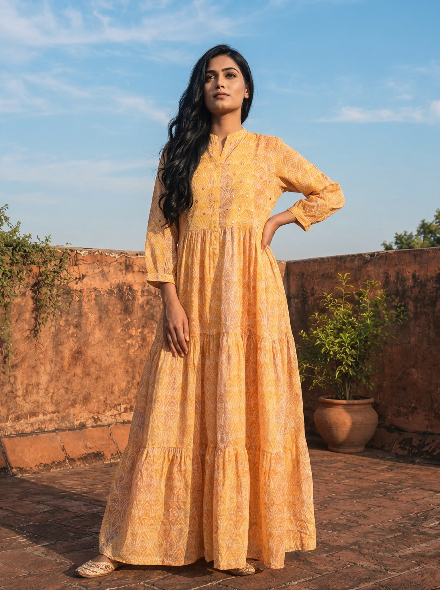 cotton indian dress Yellow Ombre Bandhej Printed Block Print Size:14y ihf SUNNOW Womens Button Down