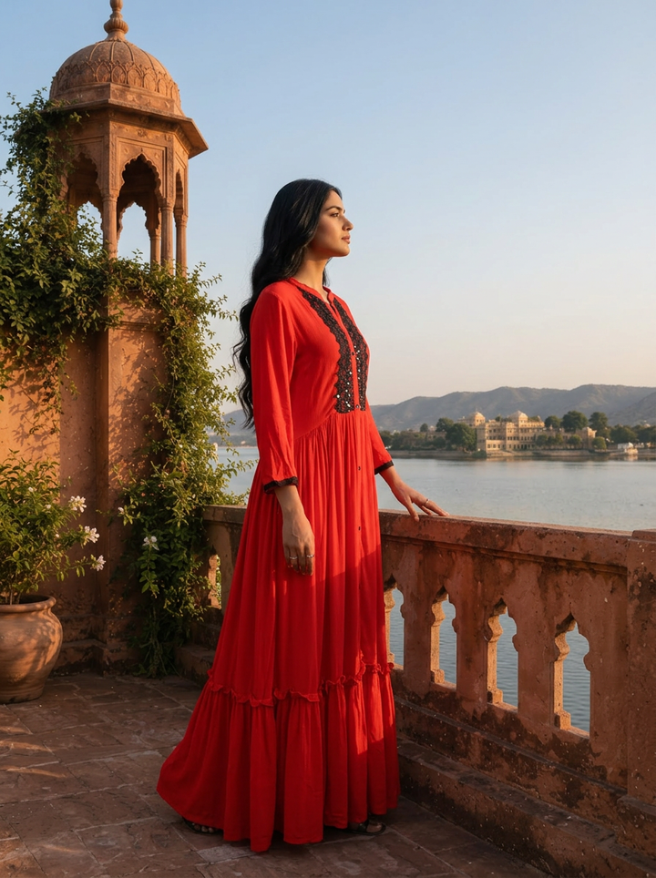 Red Georgette Solid with Lace & Sequin Design Dress