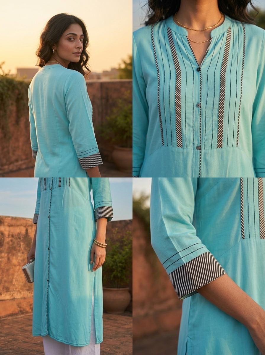 Sea Green Rayon Pintuck Striped Embroidered Kurta