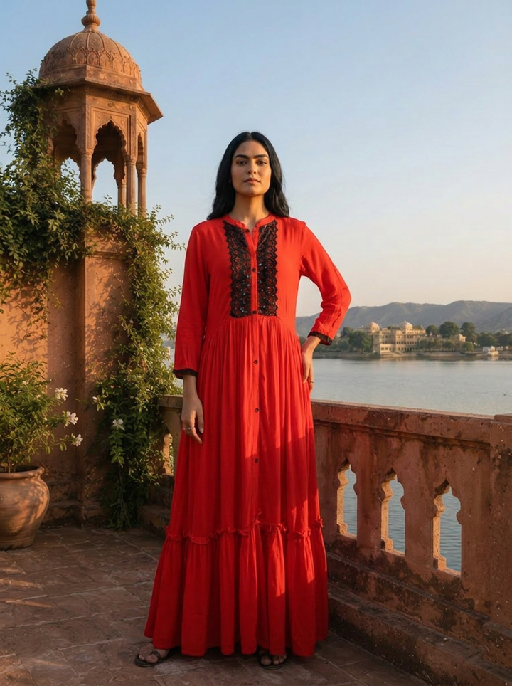 Red Georgette Solid with Lace & Sequin Design Dress