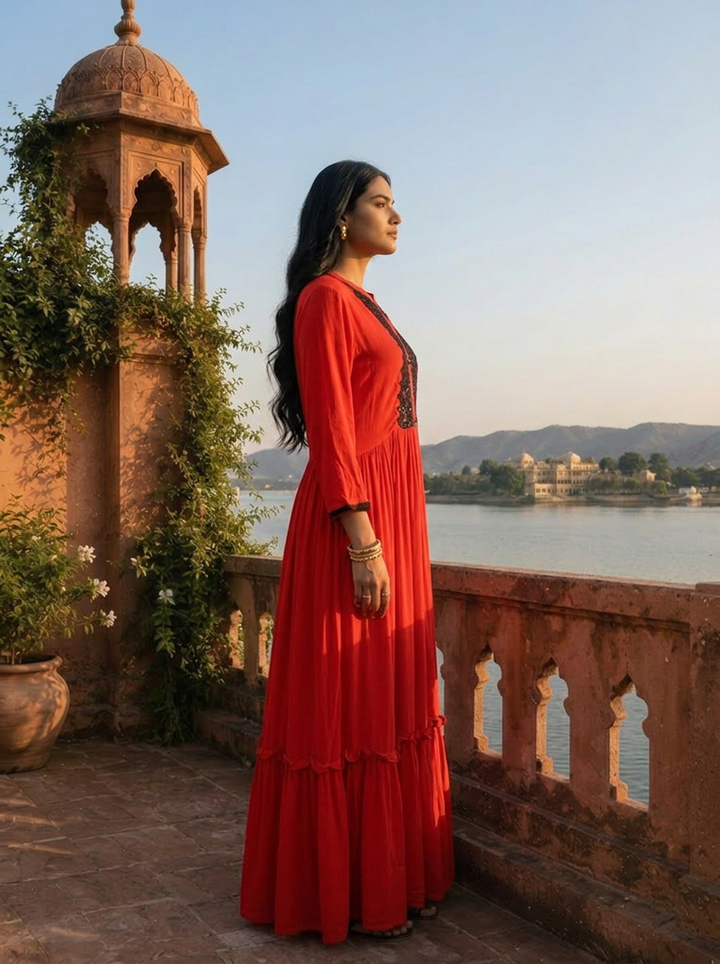 Red Georgette Solid with Lace & Sequin Design Dress