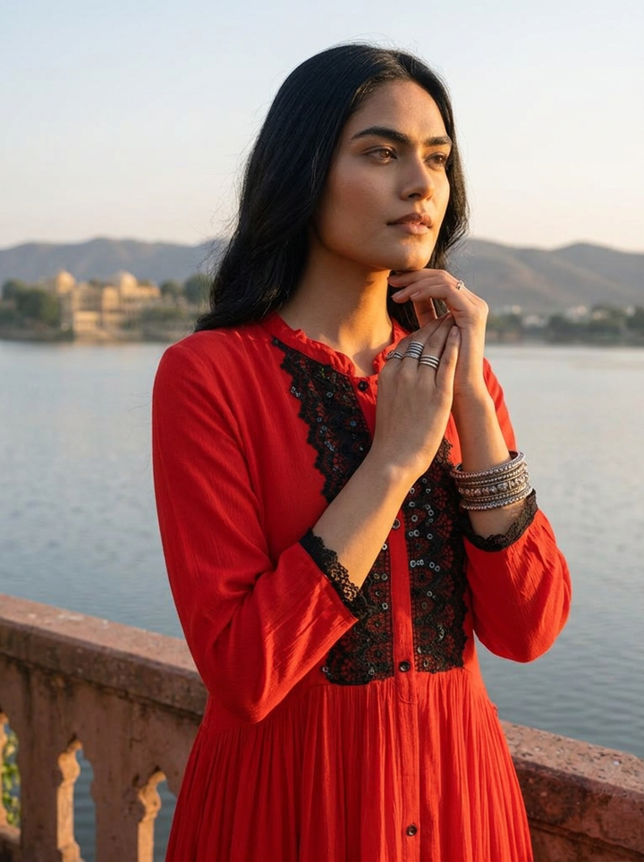 Red Georgette Solid with Lace & Sequin Design Dress