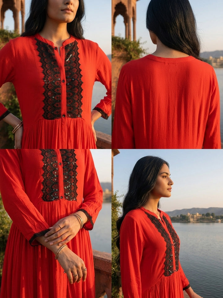 Red Georgette Solid with Lace & Sequin Design Dress