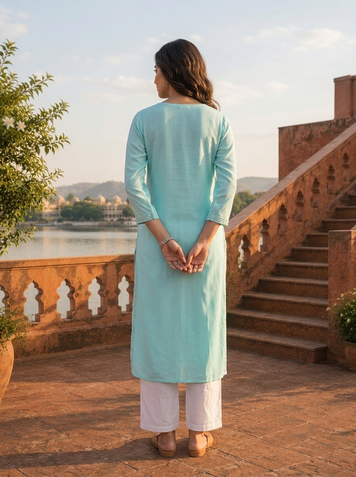 Sea Green Rayon Rectangular Sequin Embroidered Kurta