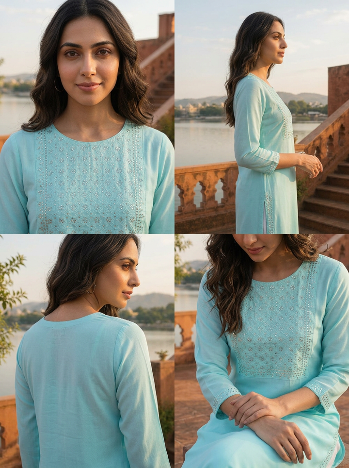 Sea Green Rayon Rectangular Sequin Embroidered Kurta
