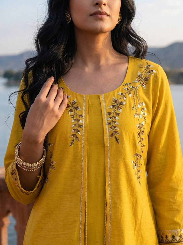 Mustard Silk Geometric Block-Printed Kurta