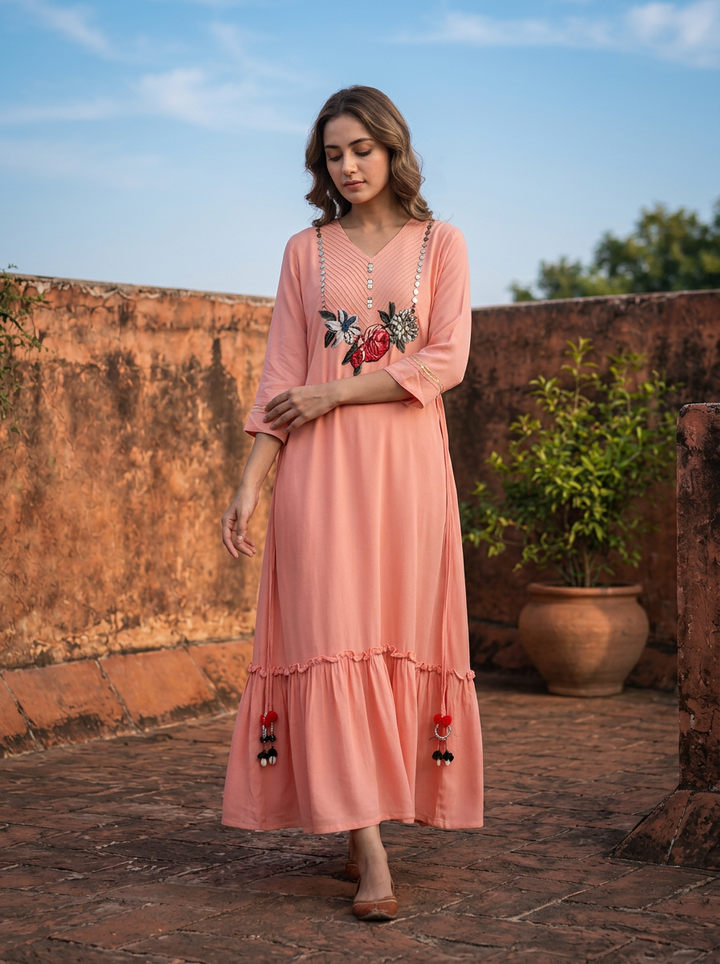 Peach Georgette Ruffle Applique Embroidered Dress