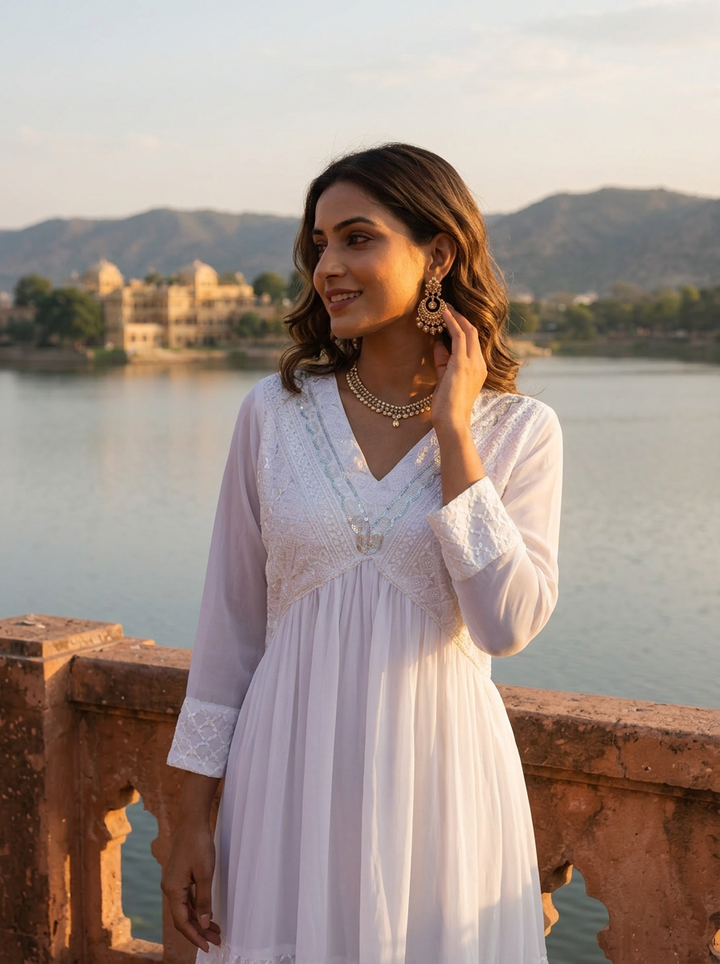 White Crepe Geometric Floral Embroidered Dress