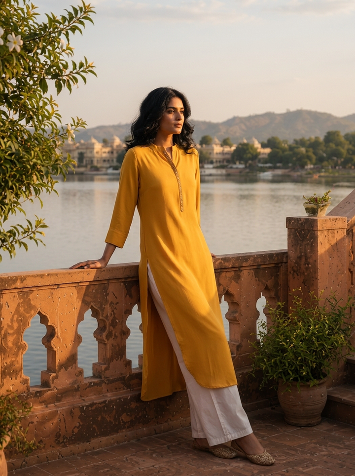 Mustard Rayon Solid With Embroidered Placket Kurta