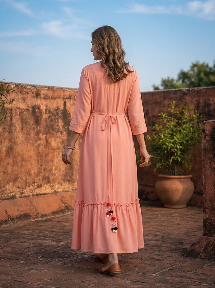 Peach Georgette Ruffle Applique Embroidered Dress