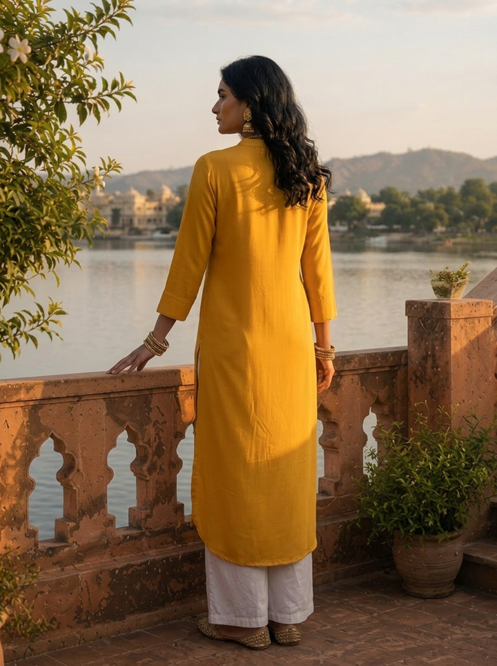 Mustard Rayon Solid With Embroidered Placket Kurta