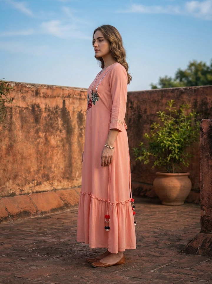 Peach Georgette Ruffle Applique Embroidered Dress