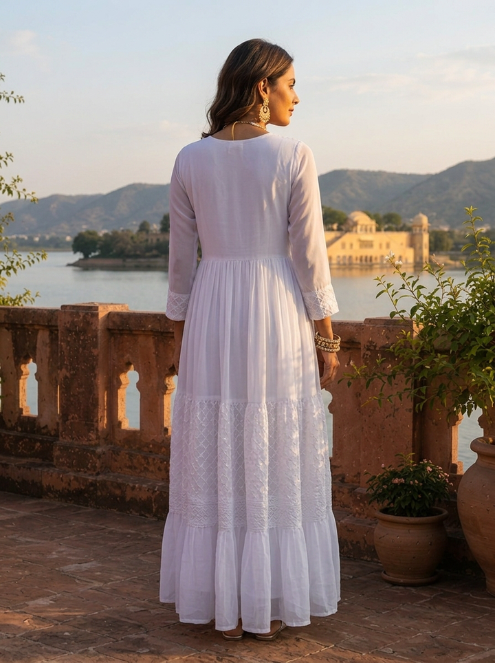 White Crepe Geometric Floral Embroidered Dress