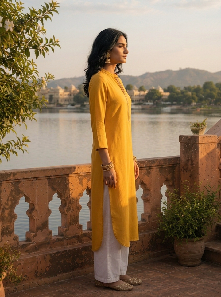 Mustard Rayon Solid With Embroidered Placket Kurta