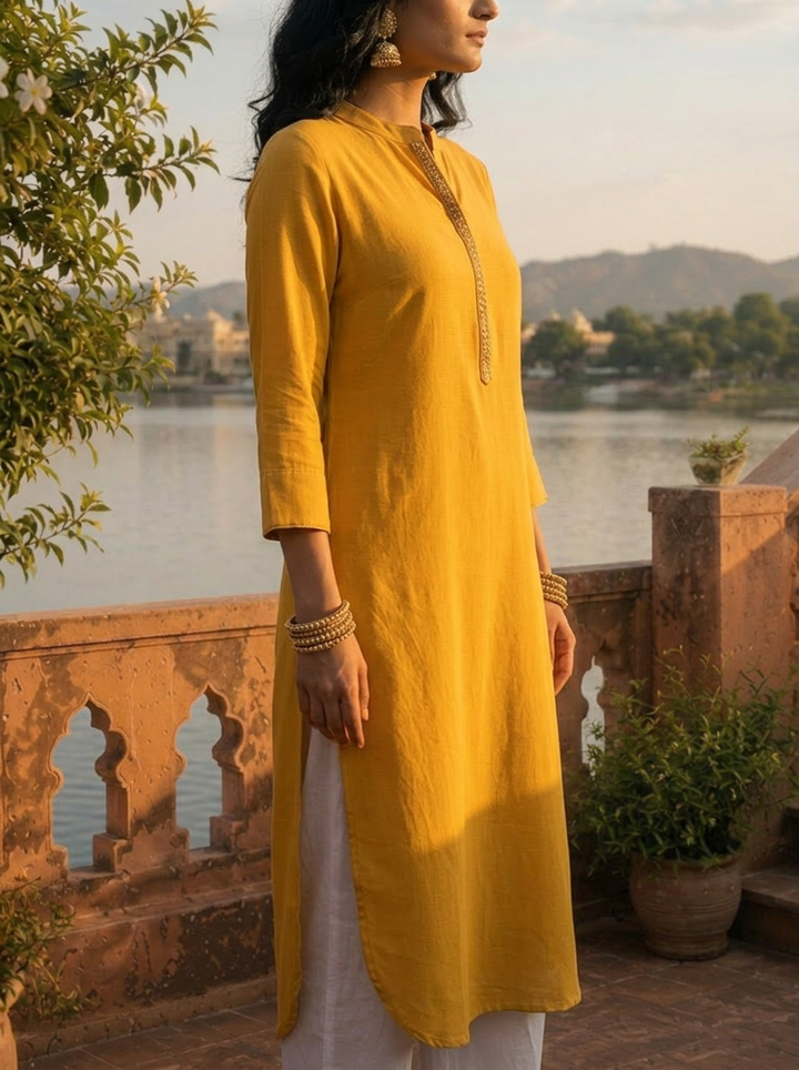 Mustard Rayon Solid With Embroidered Placket Kurta