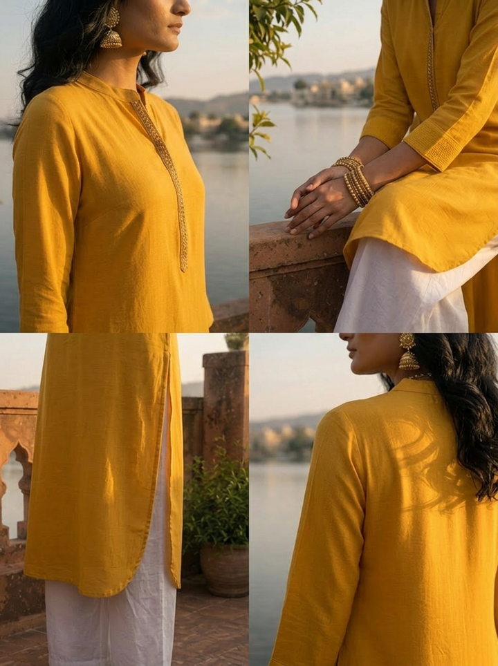 Mustard Rayon Solid With Embroidered Placket Kurta