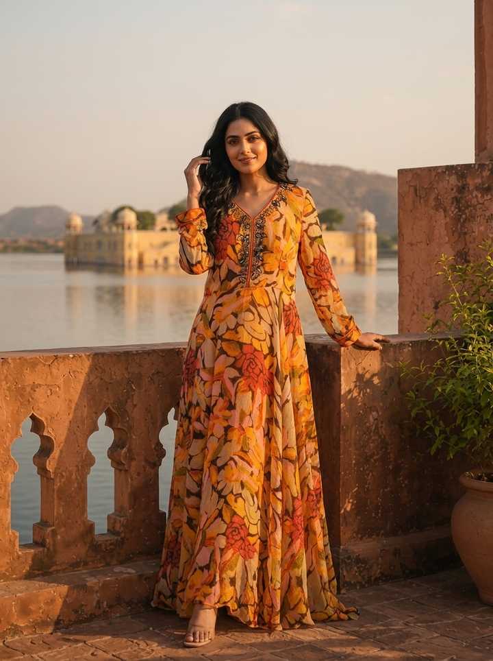 Mustard Georgette Bold Abstract Floral Printed Dress