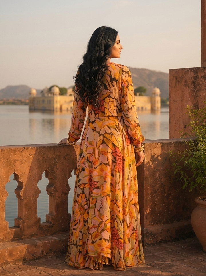 Mustard Georgette Bold Abstract Floral Printed Dress