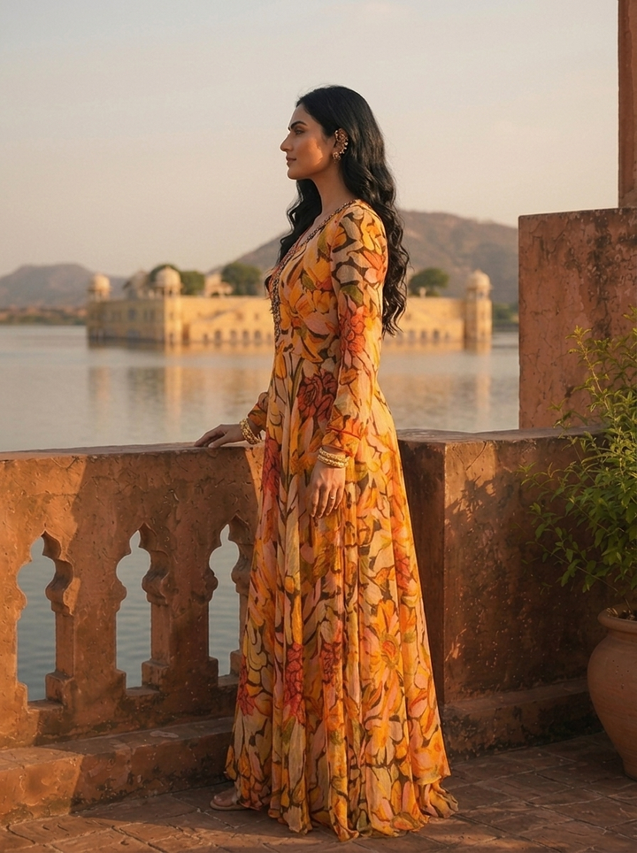 Mustard Georgette Bold Abstract Floral Printed Dress