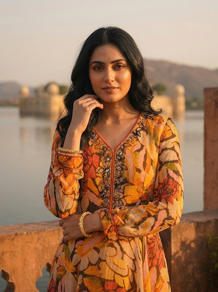 Mustard Georgette Bold Abstract Floral Printed Dress